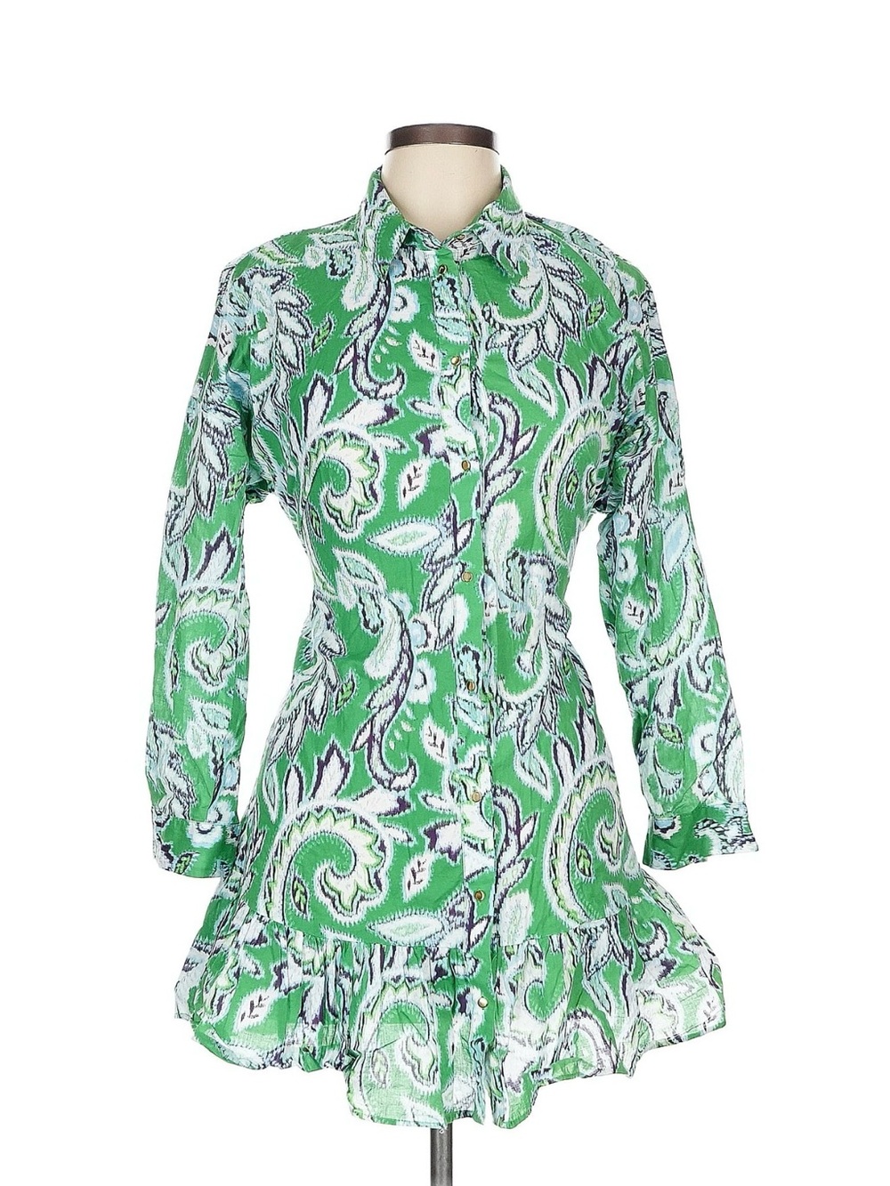 Zara Green Paisley Long-Sleeve Button Dress